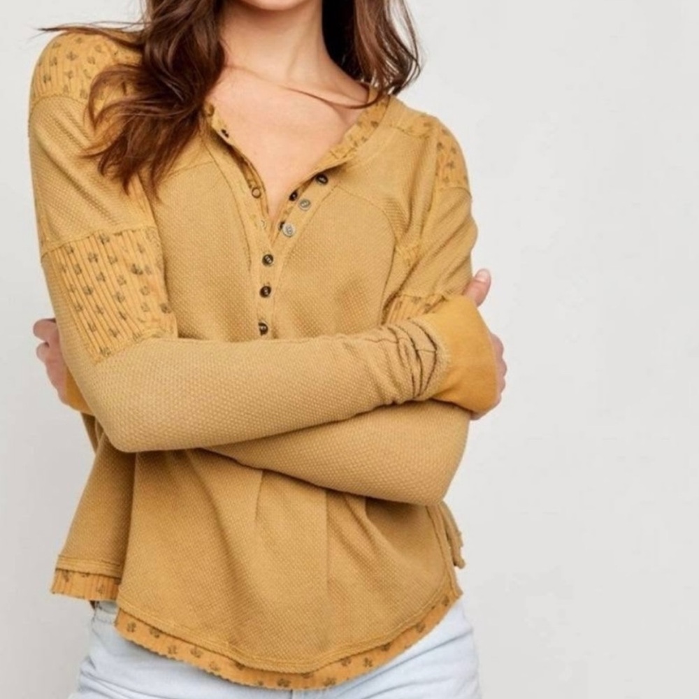 Free People Heart To Heart Floral Thermal Knit Henley Boho Oversized
